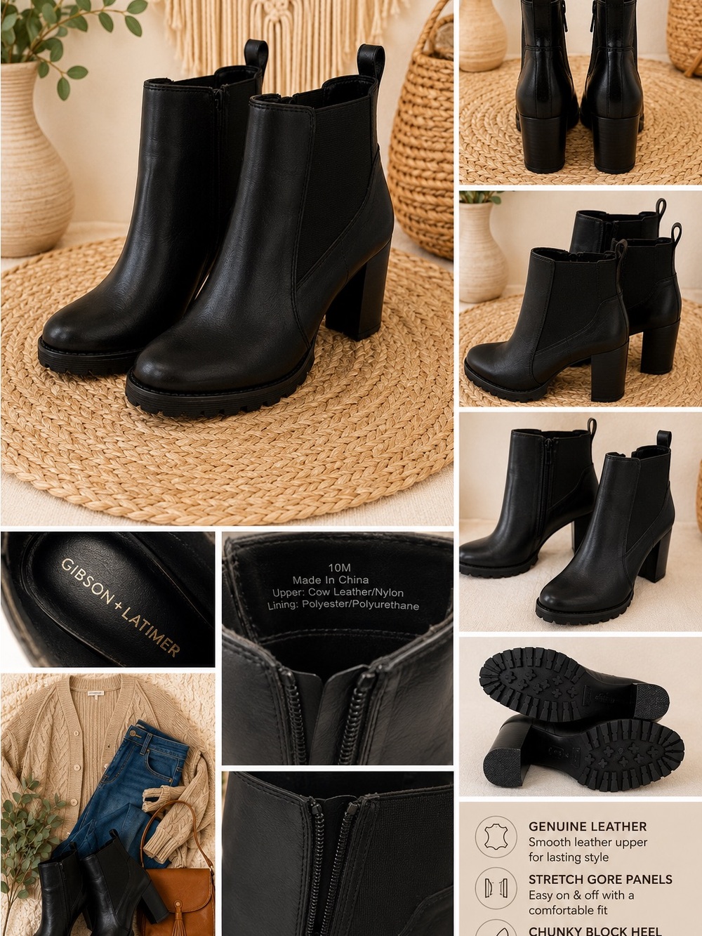 Gibson Latimer Black Side Zipper Leather Chunky Block Heel Ankle Booties Size 10
